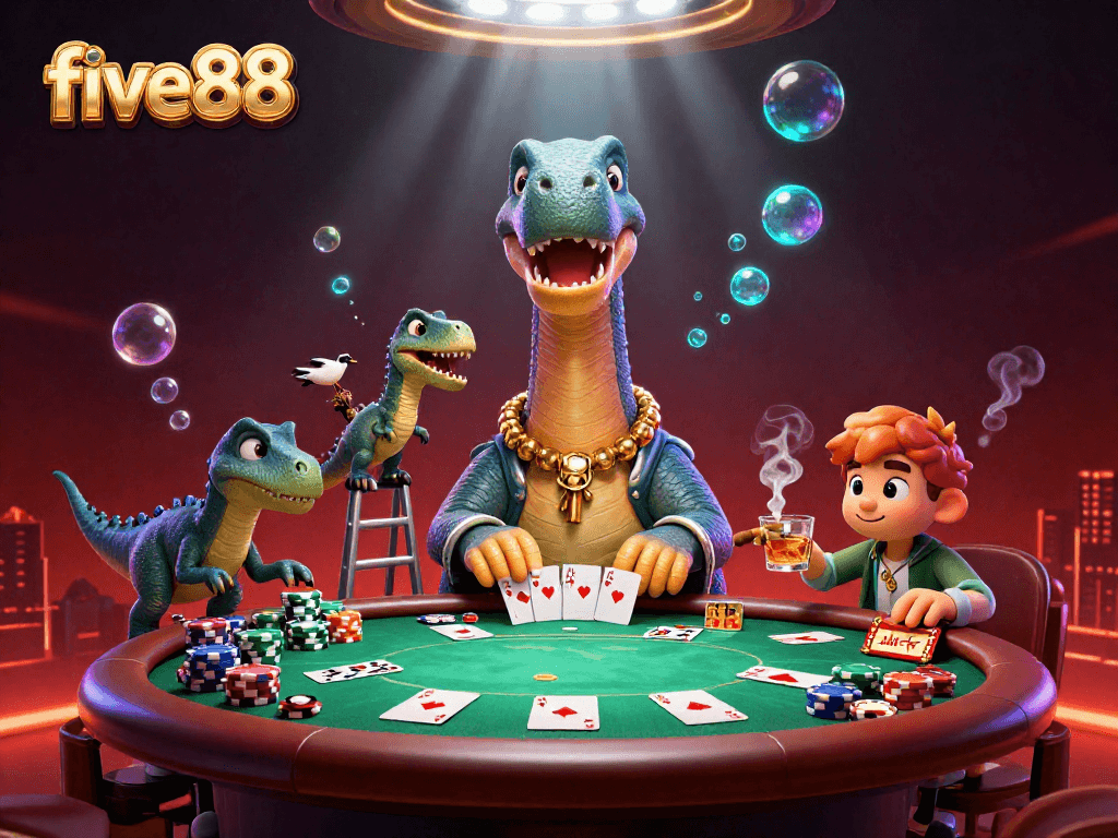 Engage in thrilling poker action with five88 at an epic casino scene featuring a brontosaurus and clever raptor.