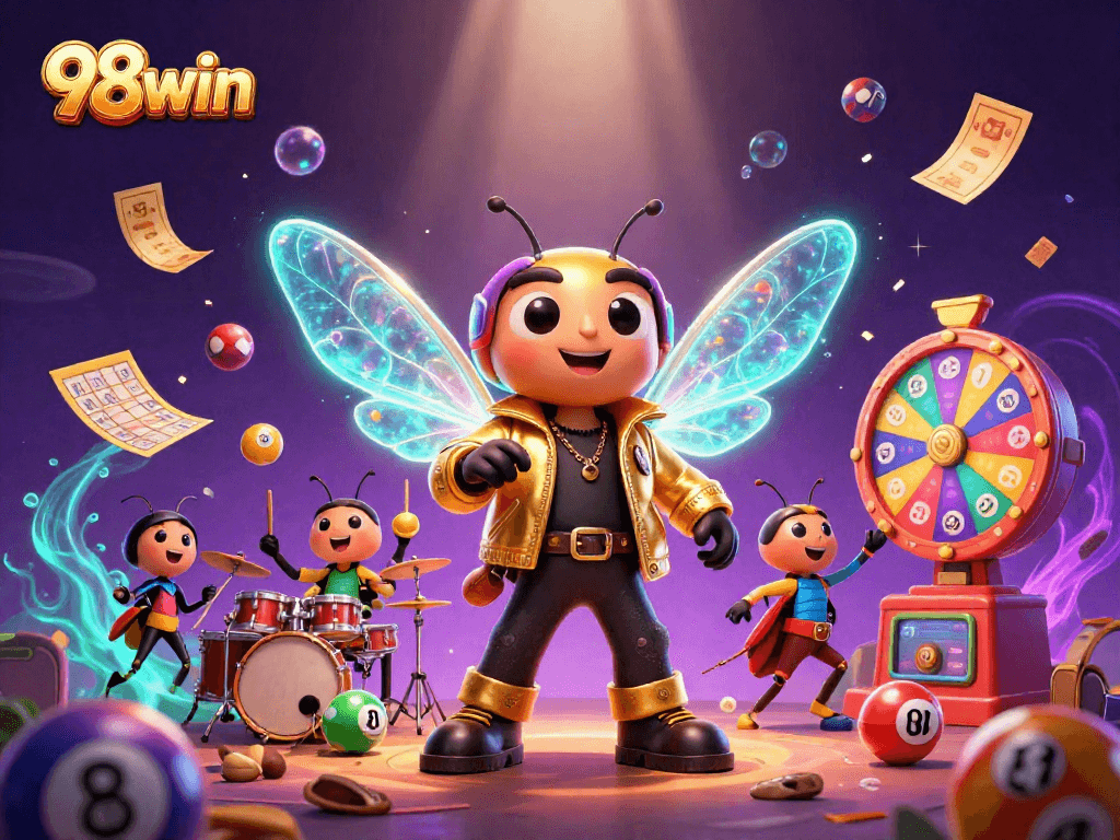 Experience the excitement of 98win with vibrant 3D characters celebrating lottery wins.