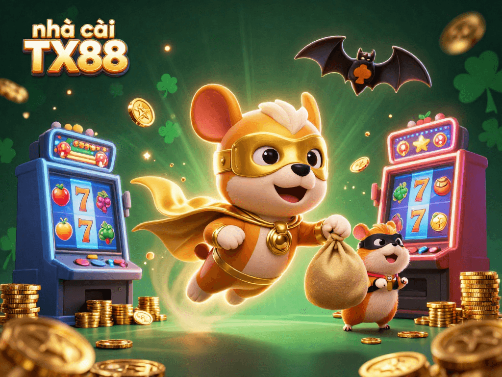 The superhero dog and hamster from nhà cái TX88 fly through a vibrant, detailed casino scene.