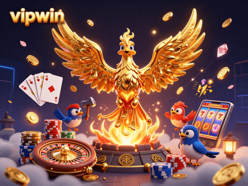 Experience winning moments at vipwin with a golden phoenix emerging from a molten forge, surrounded by coins.
