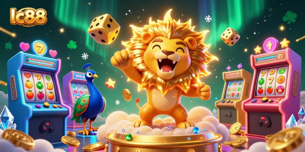 Engage with lc88's vibrant casino adventure featuring a roaring lion, golden dice, and exciting slot games.