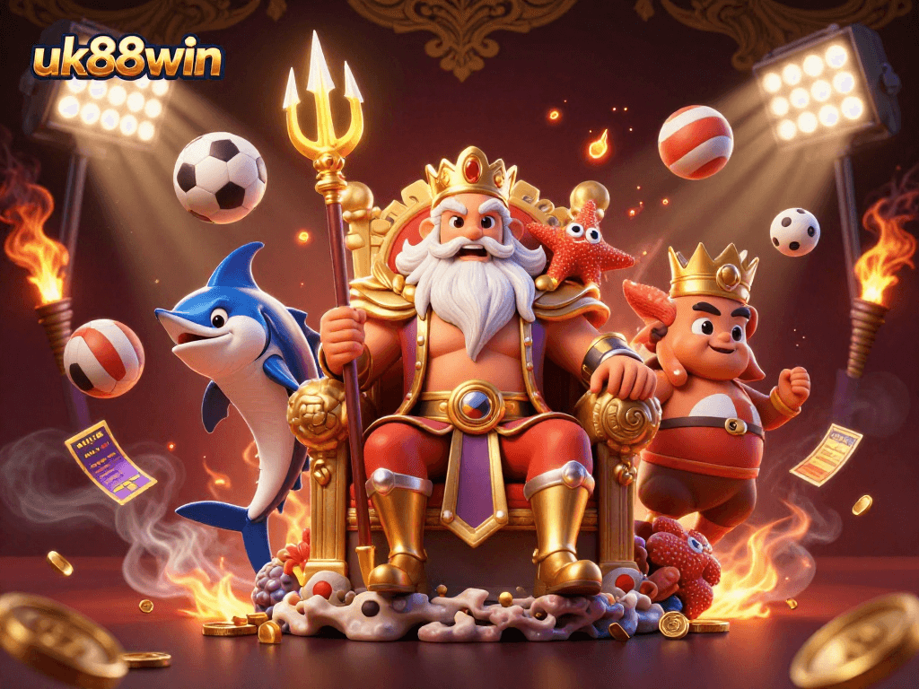 Engage in sports betting strategy with uk88win in a vibrant 3D casino illustration.
