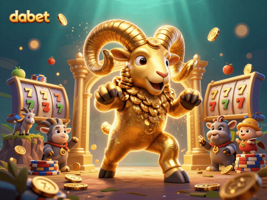 dabet slots scene with golden ram, lucky 7s, and vibrant jackpot elements