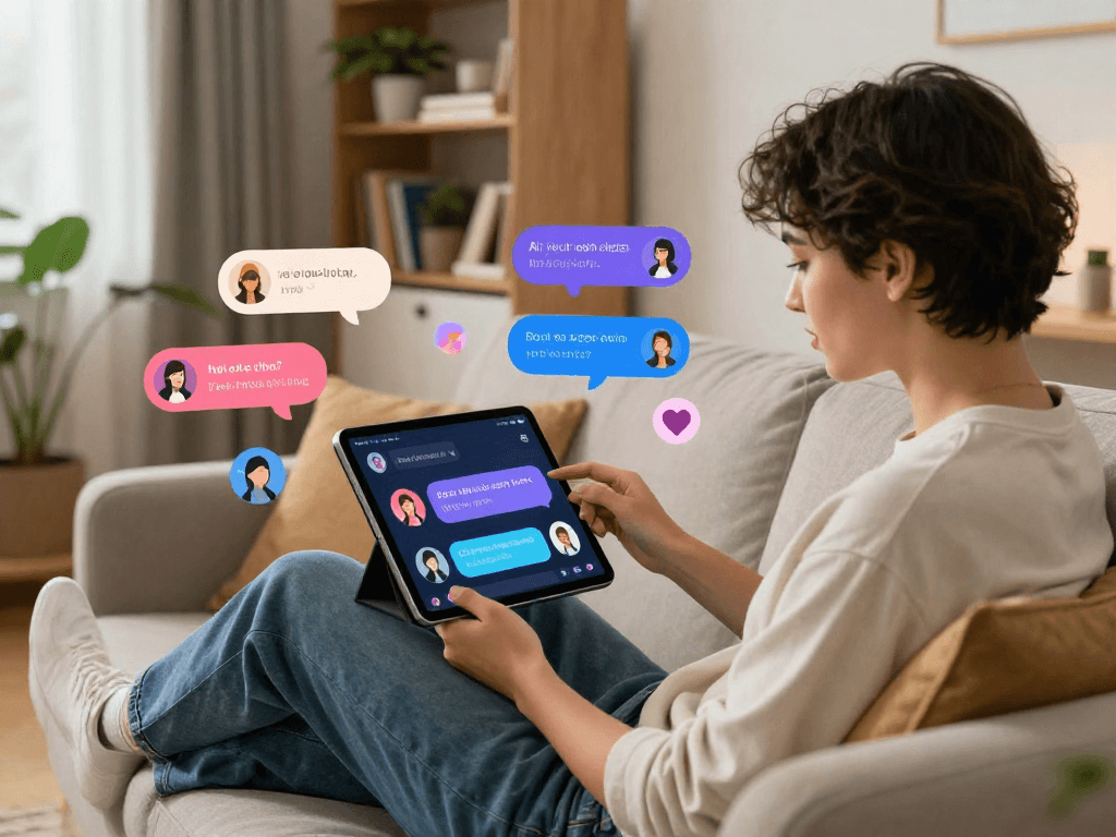 Engaging in ai sex chat on a tablet in a cozy living room