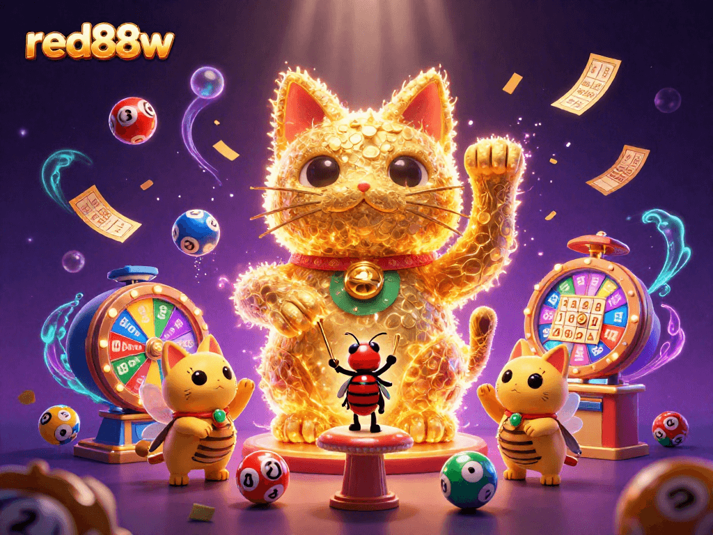 Engage with red88w's vibrant casino atmosphere, featuring a giant lucky cat made of fireflies surrounded by colorful lottery balls and gaming elements.