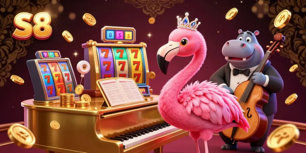 Join the vibrant S8 casino scene with a flamingo singer and hippo bassist enjoying a colorful gaming atmosphere.
