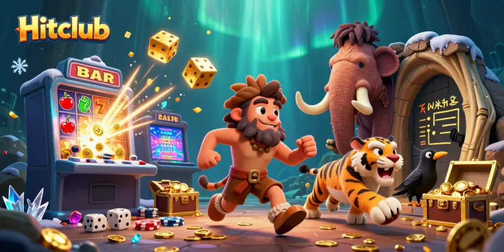 Experience gaming excitement at Hitclub with an animated prehistoric casino scene, filled with vibrant slot machines and treasures.