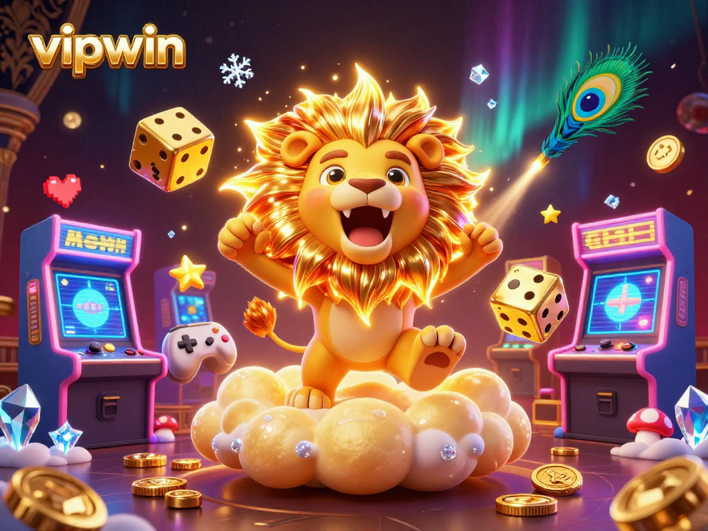 Win big with vipwin featuring vibrant 3D casino elements and gaming characters in a richly detailed scene.