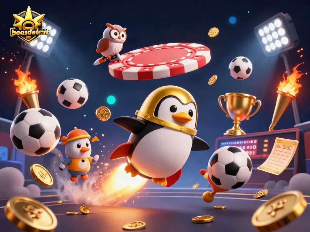Experience the thrill of beasdetroit with a 3D penguin soaring past a casino chip in this dynamic, immersive visual.