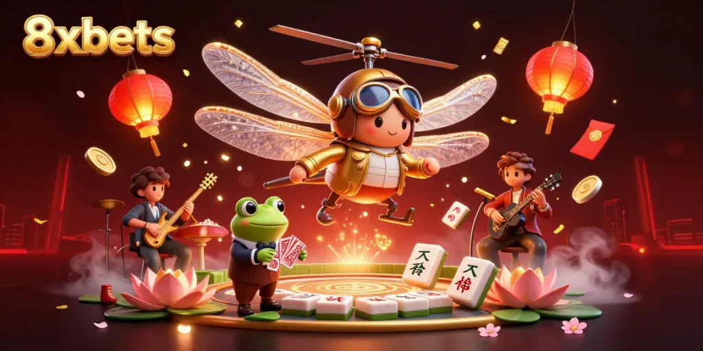 Experience exciting games at 8xbets with a vibrant 3D casino scene featuring unique characters.