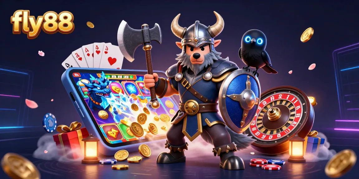 Engage with fly88's thrilling 3D gaming adventure featuring a Viking wolf warrior, dragon, and vibrant casino elements.