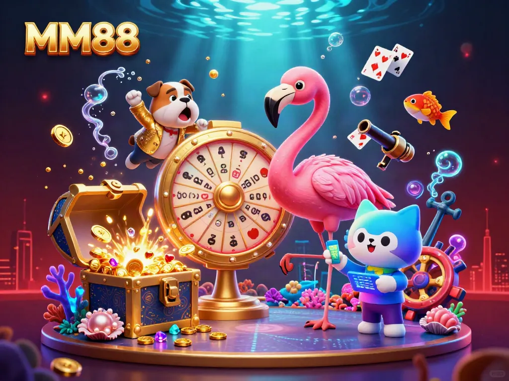 Engaging MM88 image showing a lively game show scene with a flamingo host, bulldog contestant, and exciting casino elements.