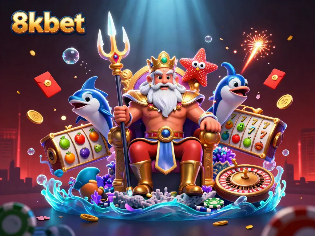 Experience thrilling gaming action with 8xbet's stunning casino illustration featuring Neptune and vibrant slot reels.
