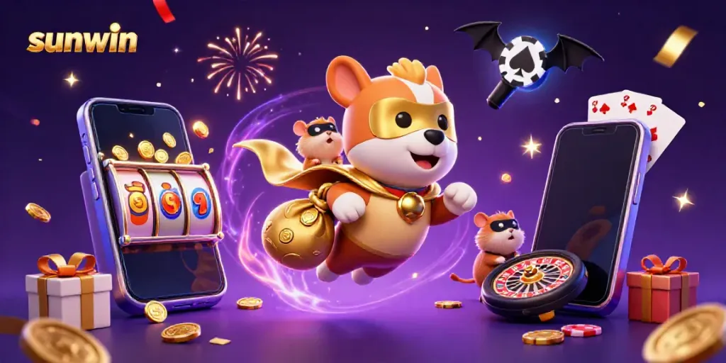 Experience the thrill of gambling with sunwin as the superhero dog flies to victory, gold coins in hand.