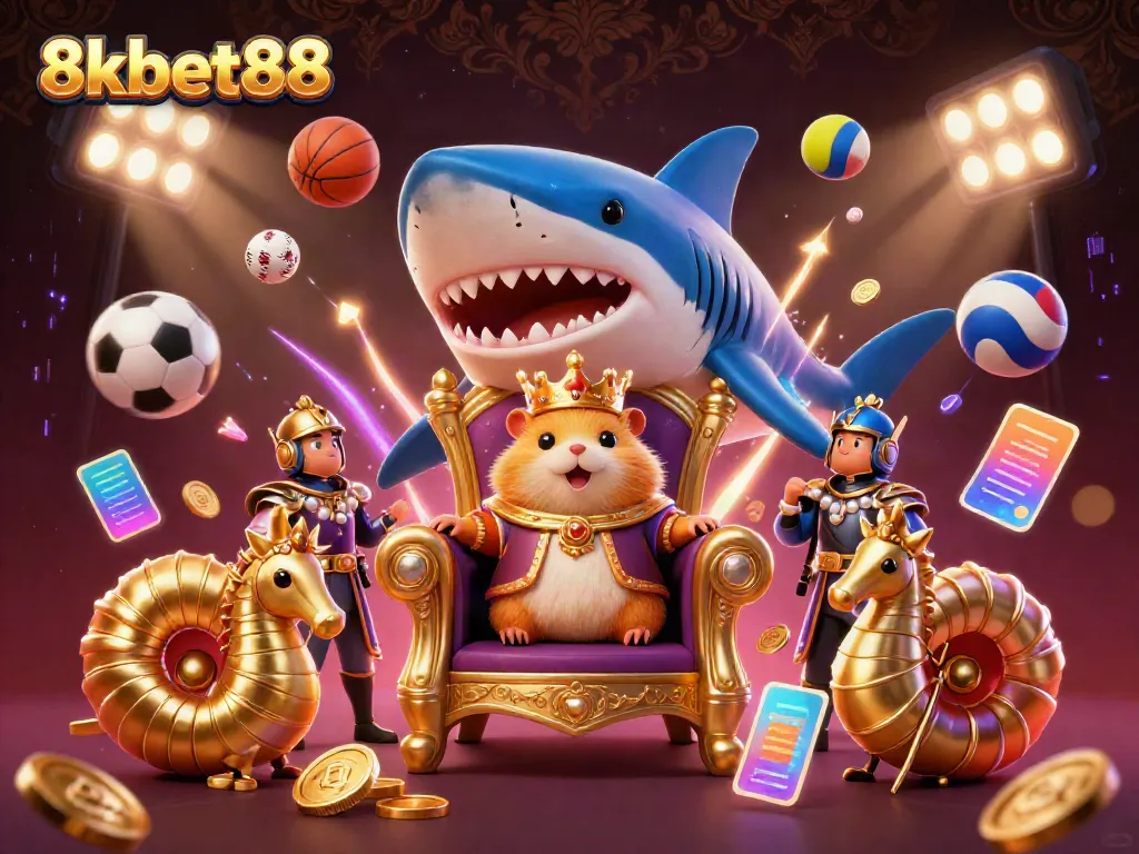 Experience thrilling gameplay at 8xbet88 with a dynamic illustration of a golden hamster king amidst sports and casino elements.