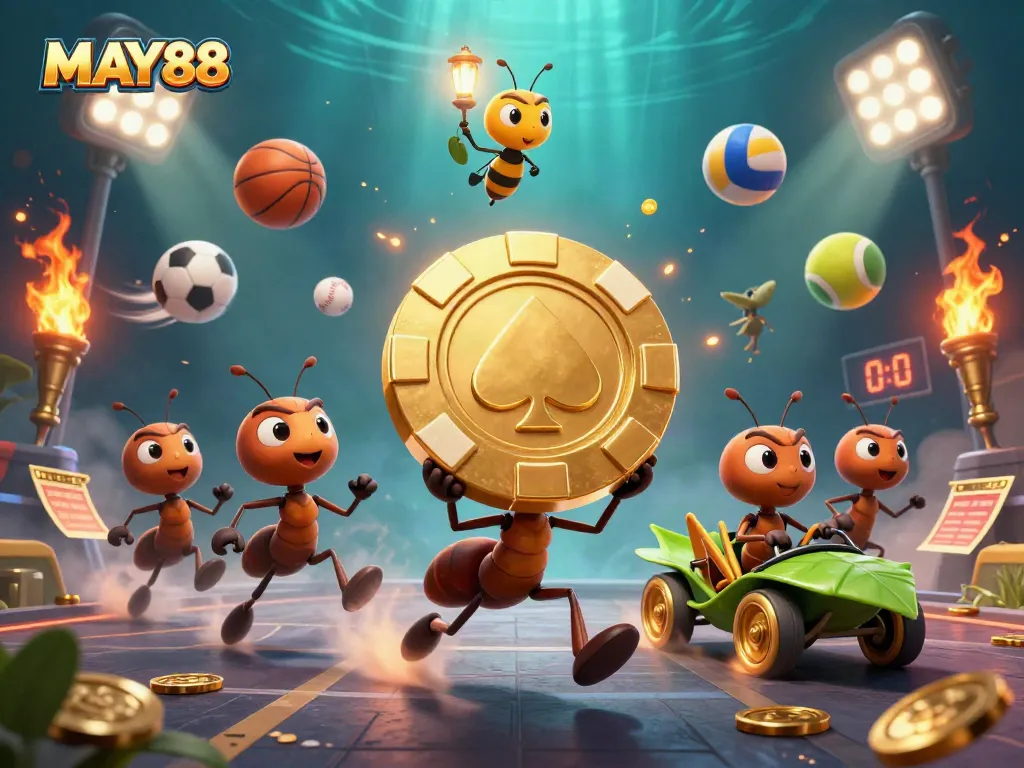 MAY88 game excitement captured in 3D, showcasing ants heisting a golden poker chip amidst dynamic sports elements.