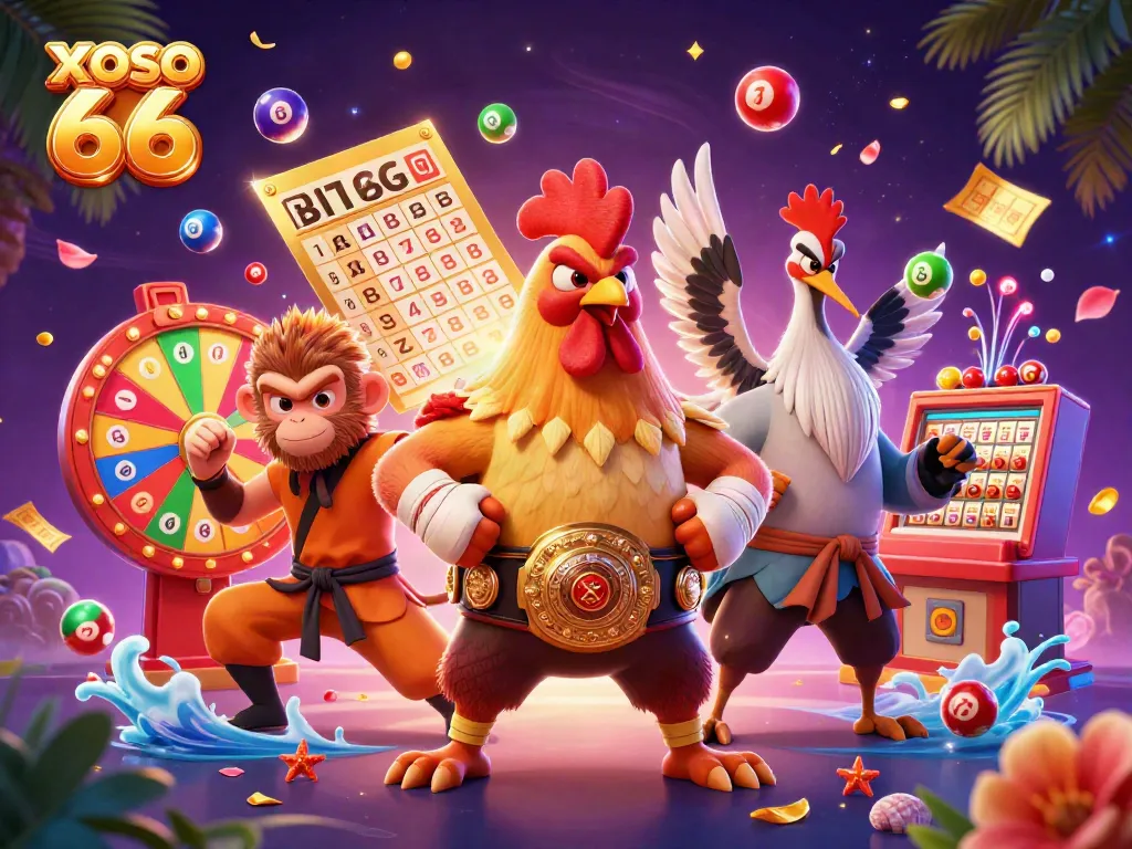 XOSO 66 showcases a vibrant 3D scene with dynamic lottery elements and characters celebrating gaming excitement.