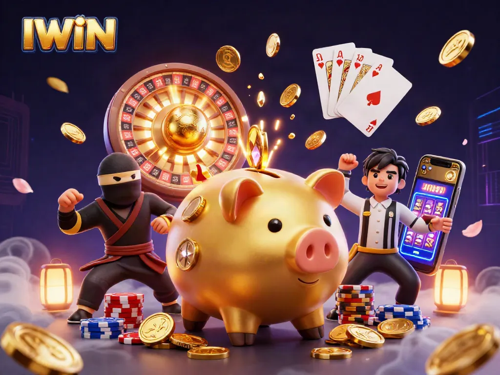Experience IWIN gaming excitement with a vibrant casino scene showcasing dynamic characters and rich design elements.