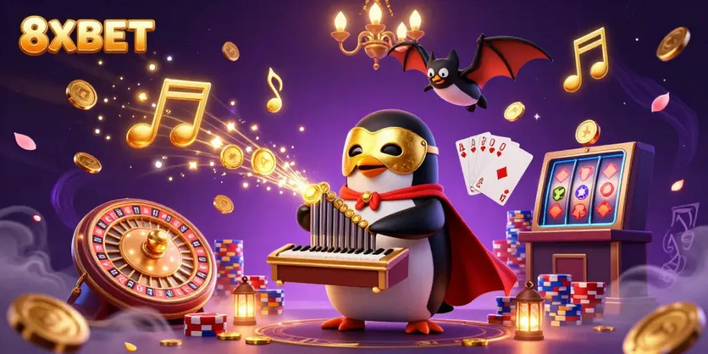 Experience the thrill of winning with 8XBET's vibrant 3D casino illustration showcasing exciting games and golden rewards.