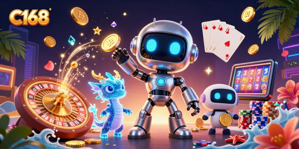 C168 showcases vibrant 3D casino fun with robots, coins, and glowing games, enticing gamblers.
