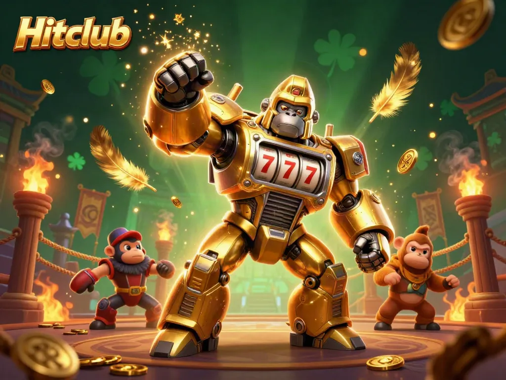 Hitclub showcases a dynamic golden gorilla mech with slot machine parts and coins exploding in a vibrant casino scene.