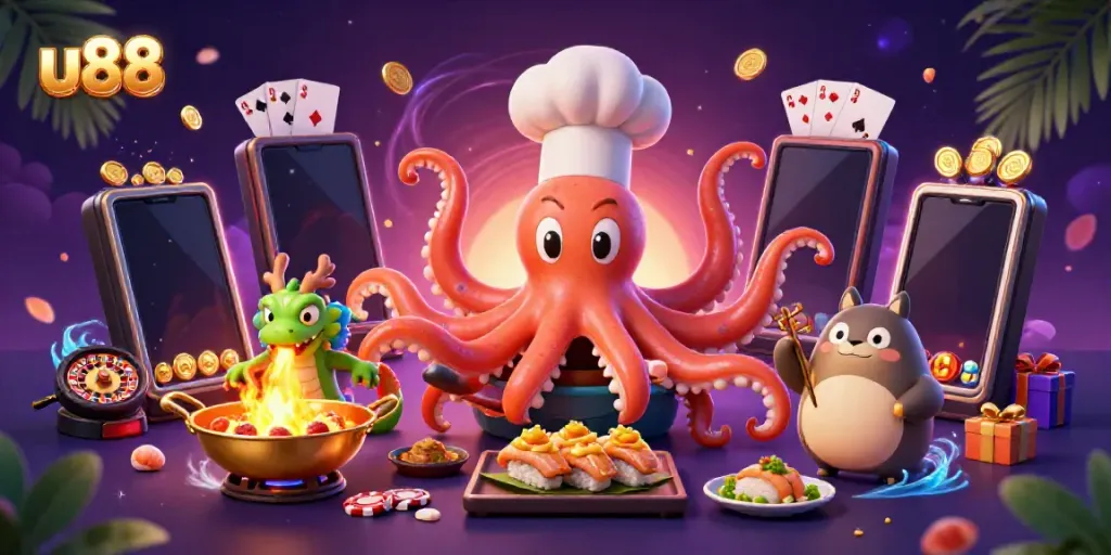 Experience thrilling gameplay at u88 with our dynamic casino illustration featuring an octopus chef and a dragon.