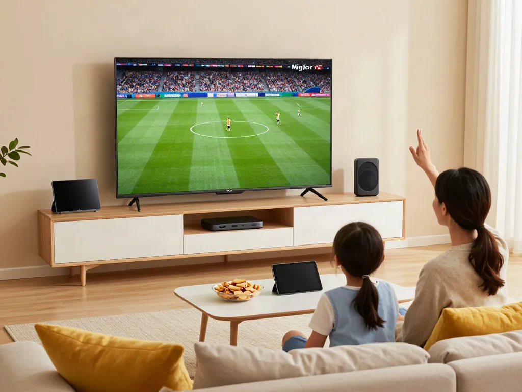 Miglior IPTV family enjoying immersive sports content in a stylish living room