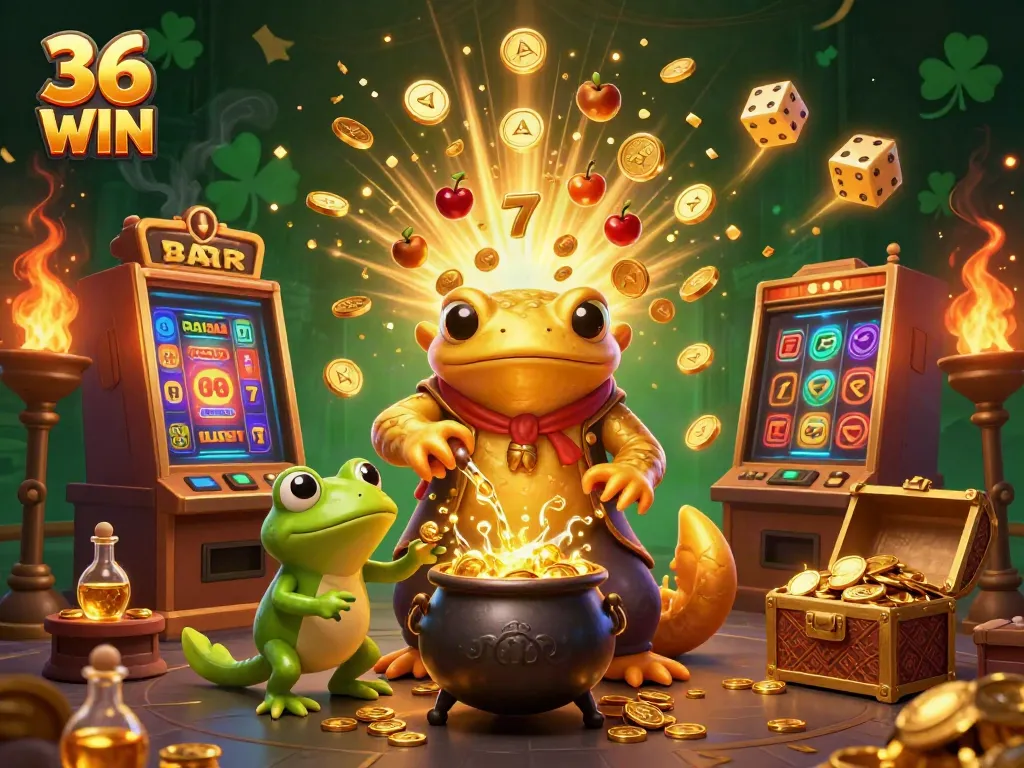 Experience the thrill of 36 WIN with a vibrant 3D casino scene full of excitement and gold.