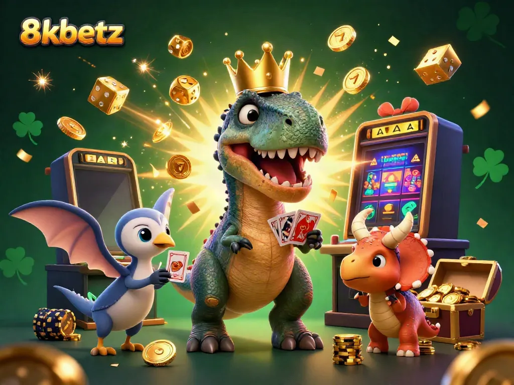 Experience the vibrant gaming world of 8xbetz where a T-Rex plays cards with vibrant casino elements.
