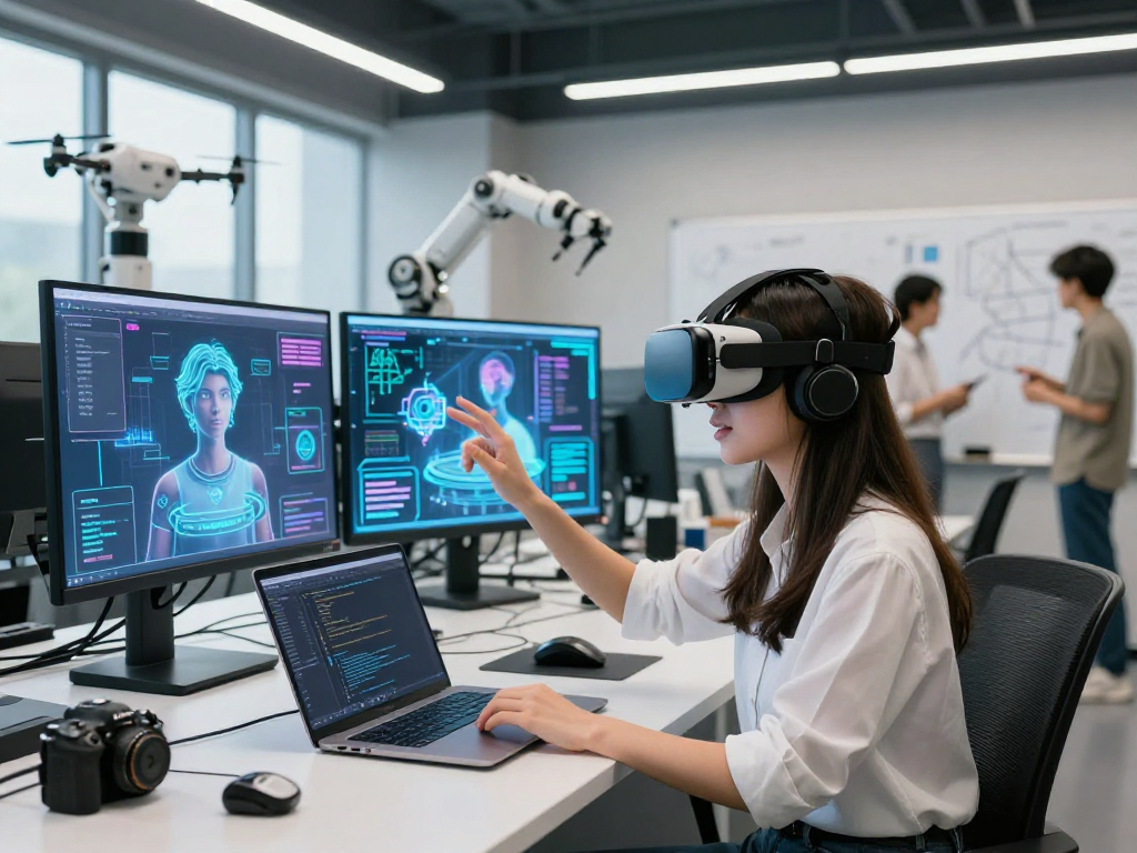 Immersive AI roleplay experience in a tech lab with VR, coding, and holographic displays