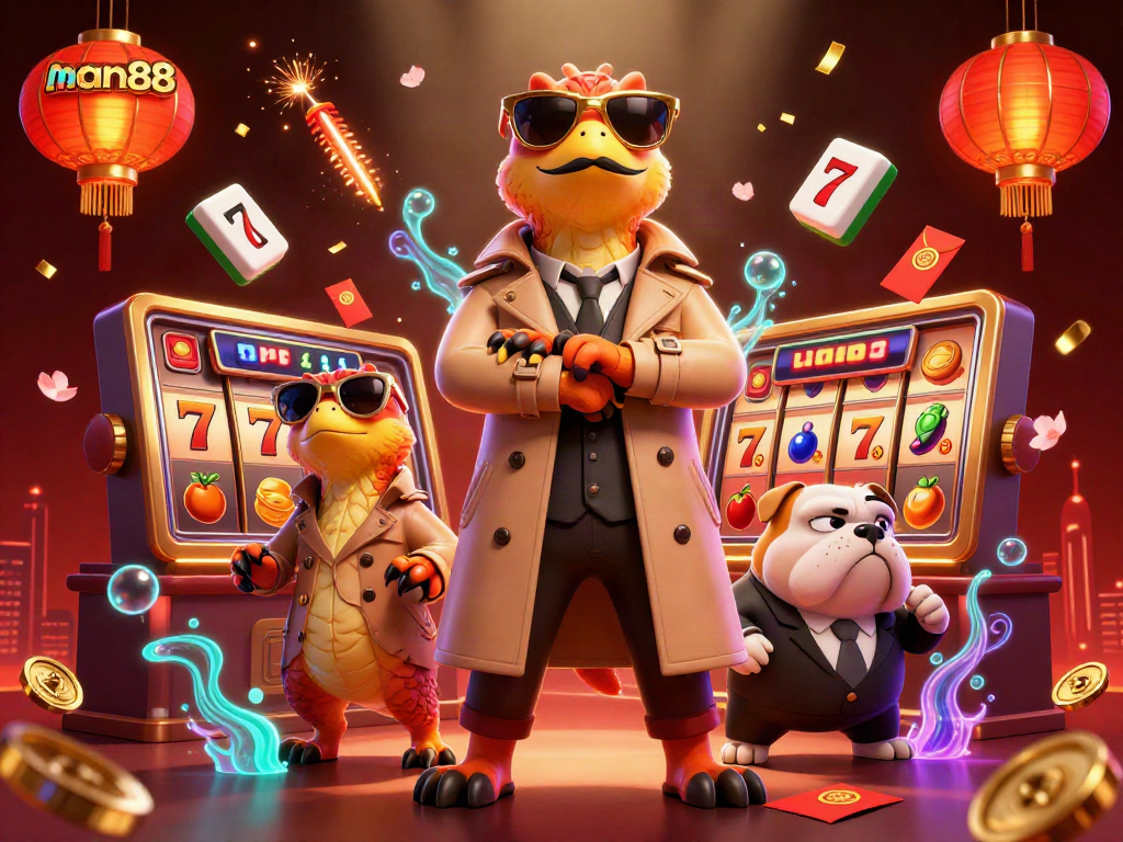 Watch the animated raptors in a trench coat, as they approach man88's VIP casino lounge with excitement.