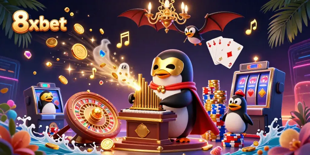 Engage in the excitement of 8x bet with golden coins and vibrant casino elements in a dynamic scene