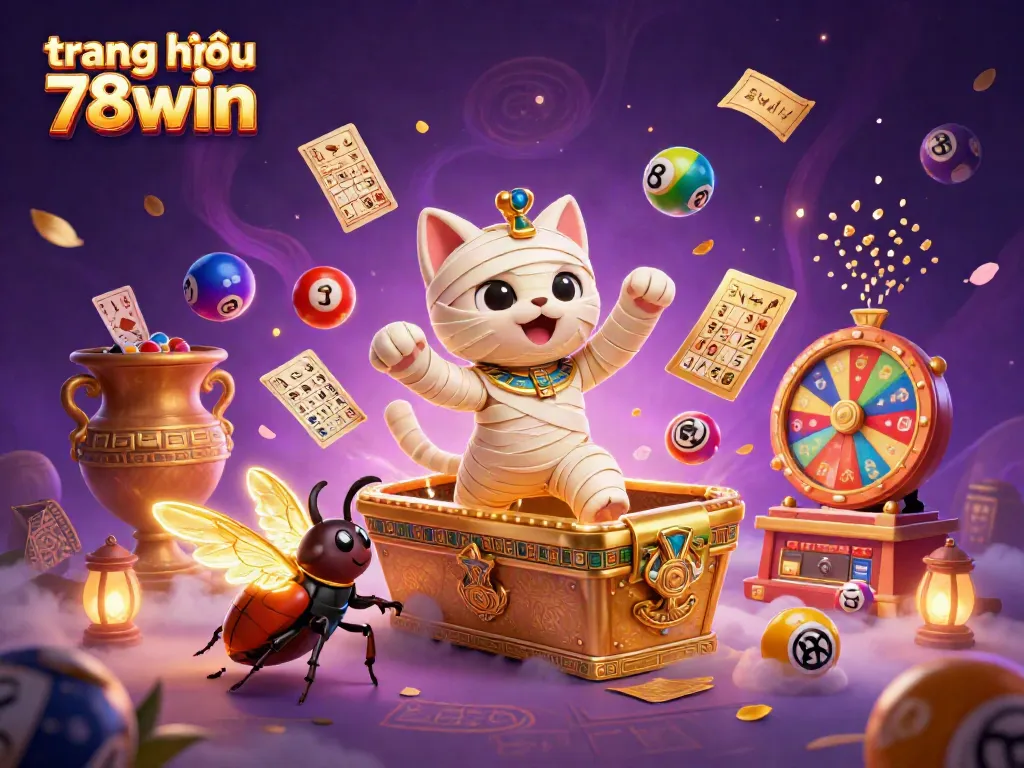 Engage with the vibrant energy of trang chủ 78win filled with dynamic lottery elements and a mesmerizing 3D mummy cat.
