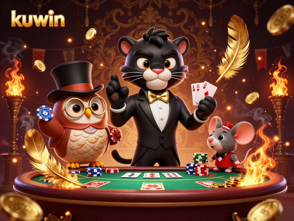 Kuwin poker scene showcasing a panther dealer, owl with chips, and lucky mouse surrounded by casino excitement.