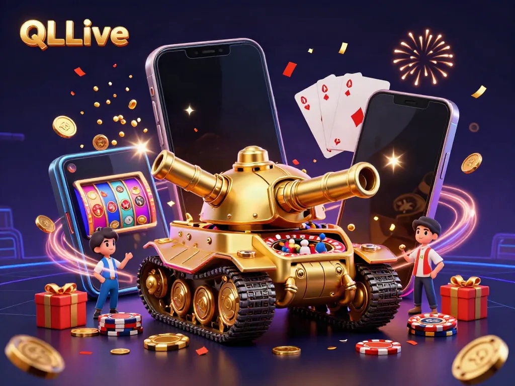 Experience QQLive with a golden beetle tank casino revealing tiny patrons and fun gaming elements.