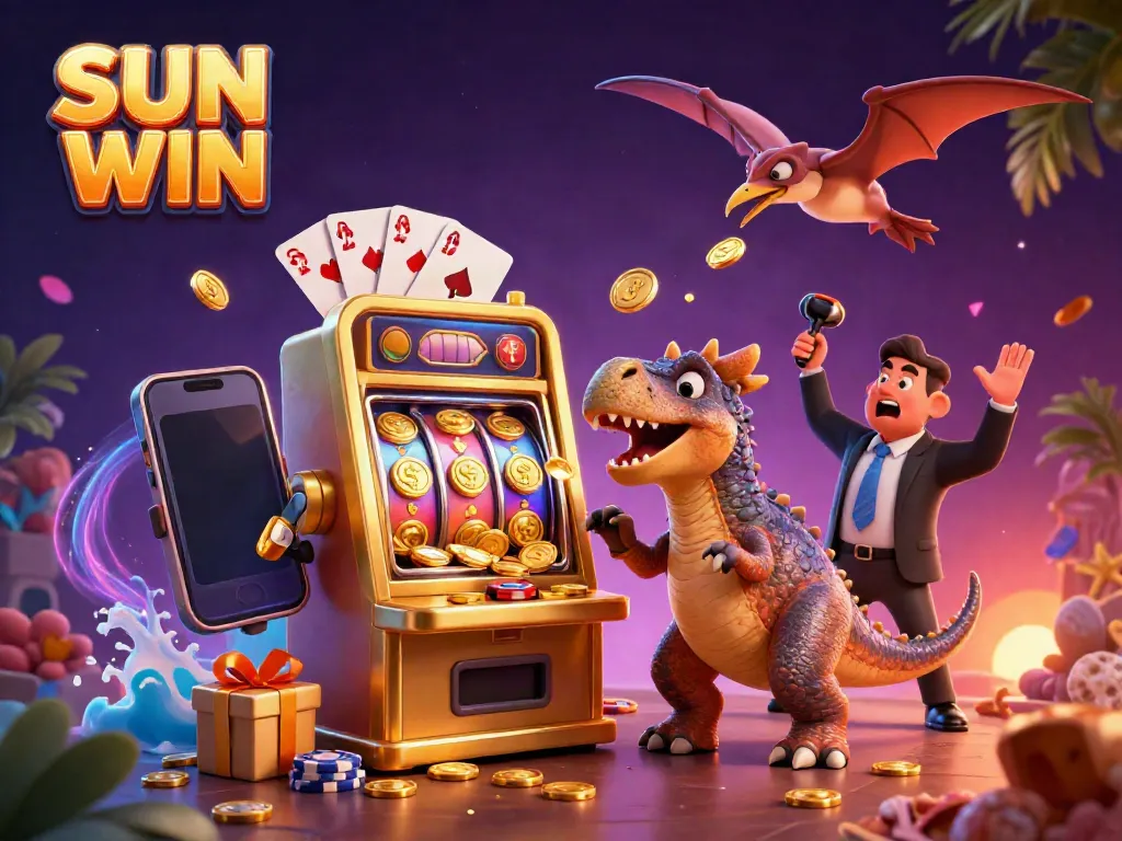 Experience the excitement at SUN WIN with a dynamic 3D casino scene featuring unique characters and golden coins