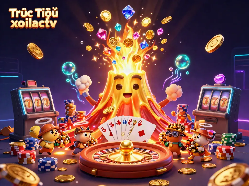 Experience the excitement of Trực Tiếp xoilactv with gold coins, gems, and thrilling casino elements in a vibrant 3D scene.