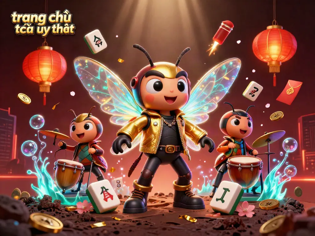 Experience the exciting world of trang chủ nhà cái uy tín through a vibrant 3D illustration featuring a cicada rock star and casino elements.