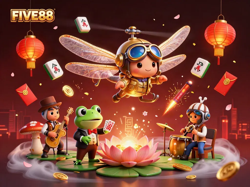 Experience winning at FIVE88 with a lively illustration featuring vibrant casino elements.