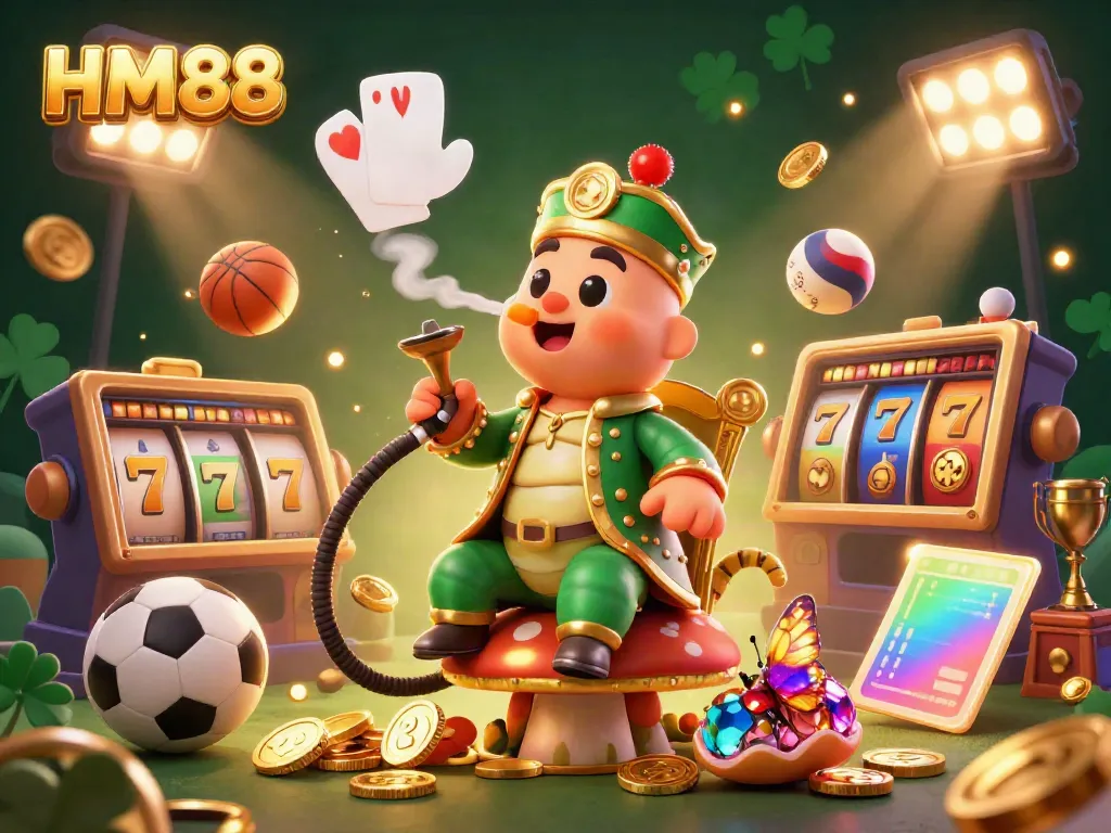 Experience the vibrant world of HM88 with exciting slot elements and dynamic characters in this 3D casino illustration.