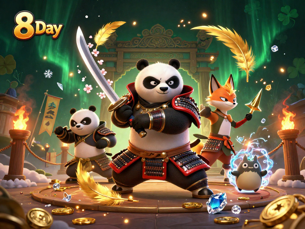 Experience the excitement of 8 Day casino gaming with a vibrant 3D illustration of characters in action.