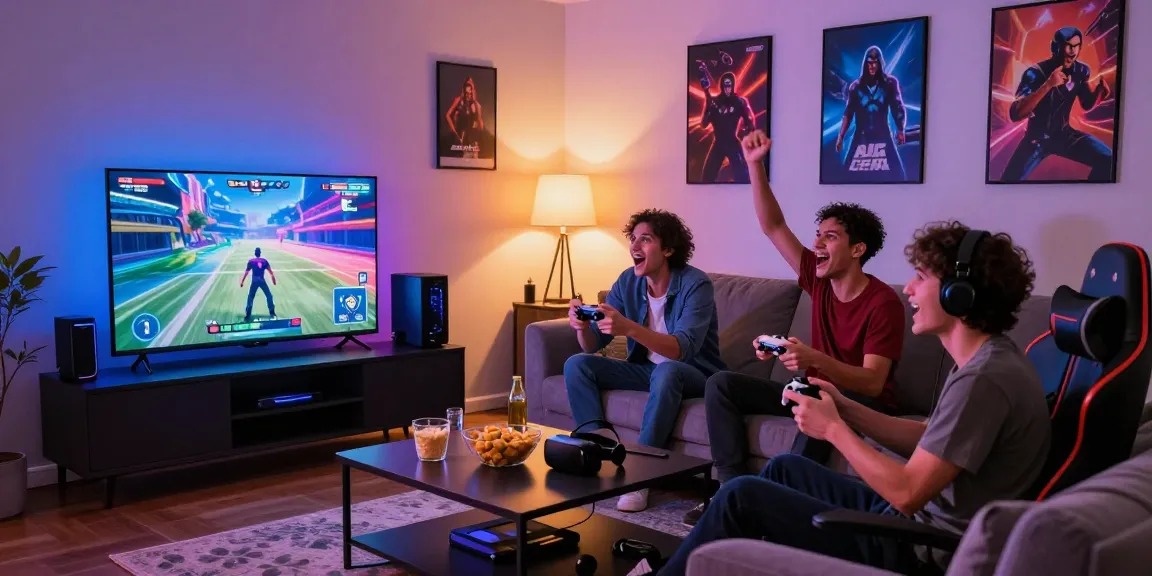 Teman bermain game bos88 di ruang tamu modern dengan suasana ceria.