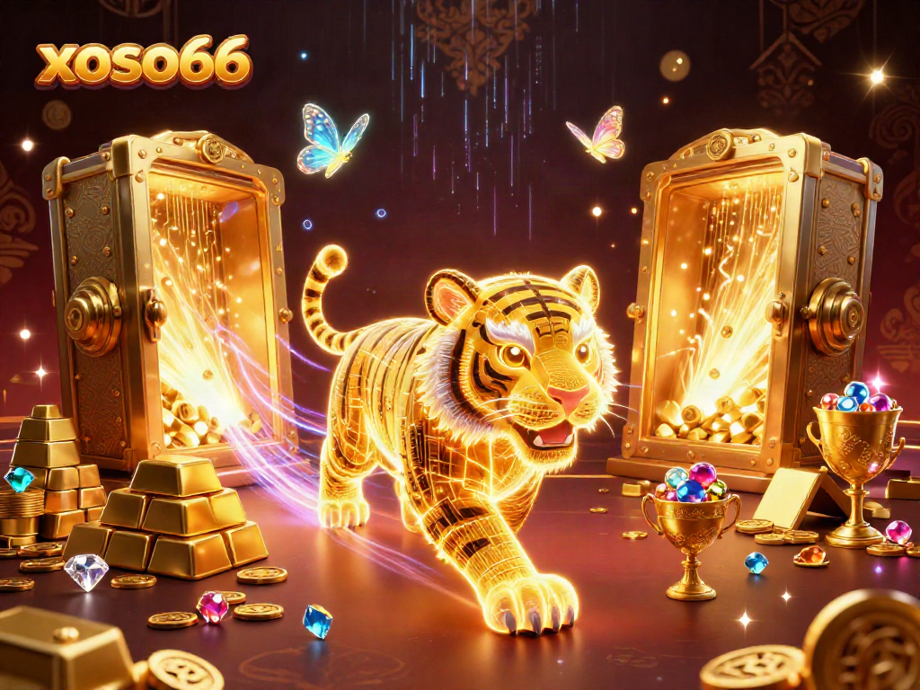 Xoso66 players engaging with a glowing golden tiger in a vibrant digital casino scene filled with treasures.