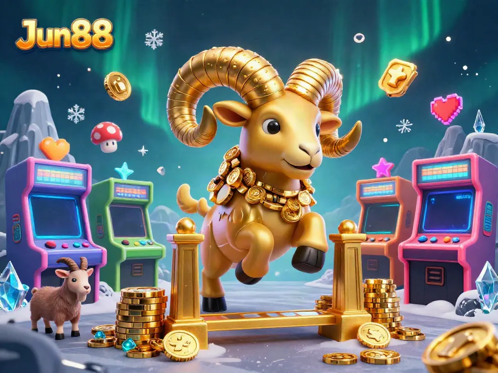 Experience the thrill of Jun88's gaming world with a golden ram charging through a vibrant 3D casino.