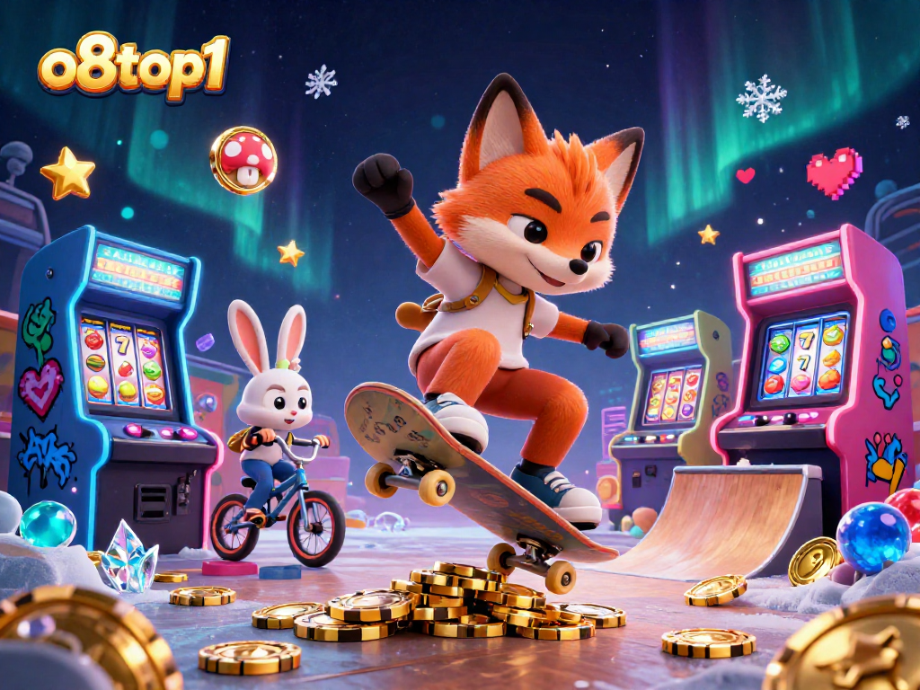 Experience the thrill of o8top1 with cartoon characters in a vibrant casino-themed arcade scene.