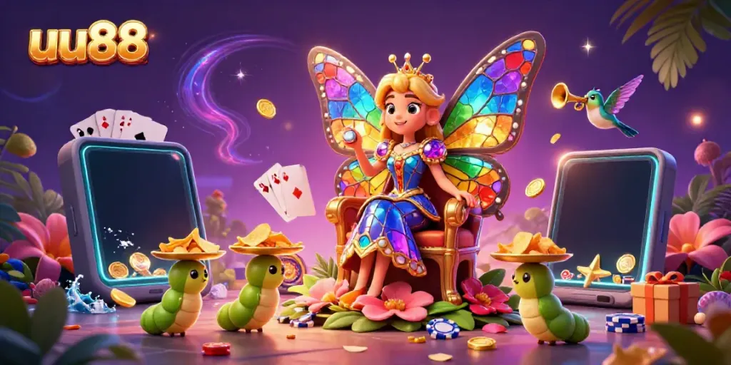 Experience thrilling action with uu88's colorful slot games in this vibrant 3D illustration.