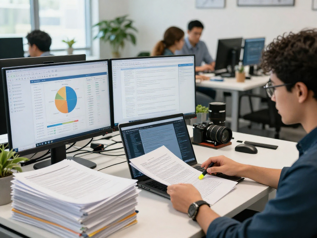 IT professional engaged in document fraud detection analysis in a modern office setting