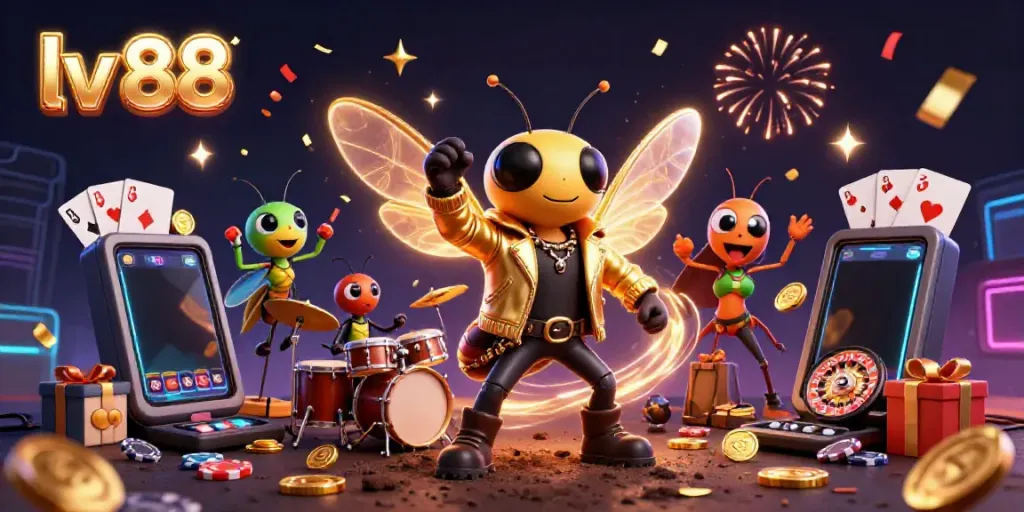 Engage with lv 88's vibrant slot game scene featuring a cicada rock star and dazzling game elements.