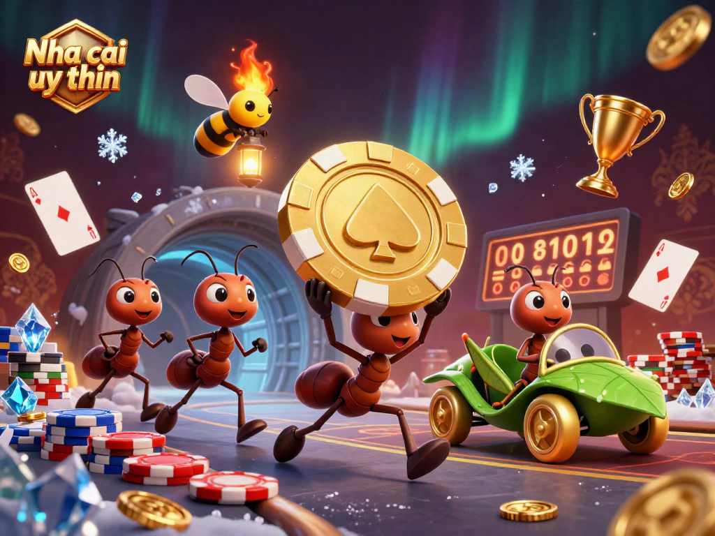 Nha cai uy tin showcases ants running a heist with poker chips, vibrant casino elements flying around.