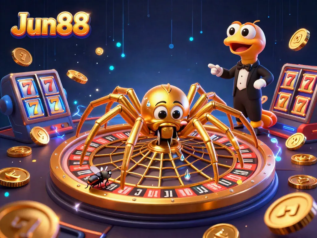 Jun88's exciting golden spider spins a roulette web while gamers place their bets in a vibrant 3D illustration.